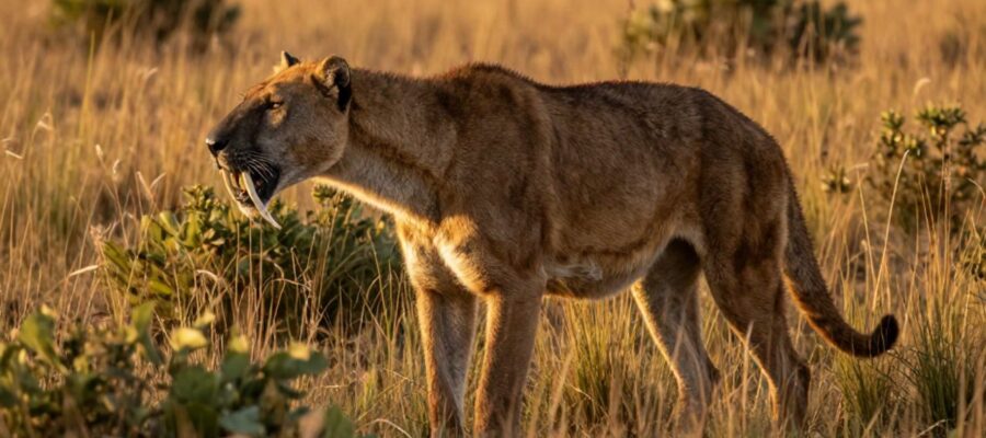 Un Smilodon de pelaje canela se mantiene alerta entre la vegetación alta de una pradera del Pleistoceno.