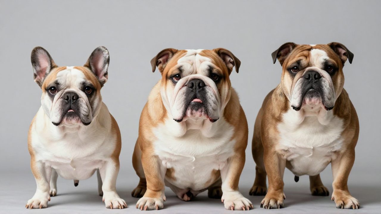Tres razas de bulldog, un bulldog inglés, un bulldog francés y un bulldog americano, posando juntos sobre un fondo gris para comparar sus tamaños y rasgos físicos.