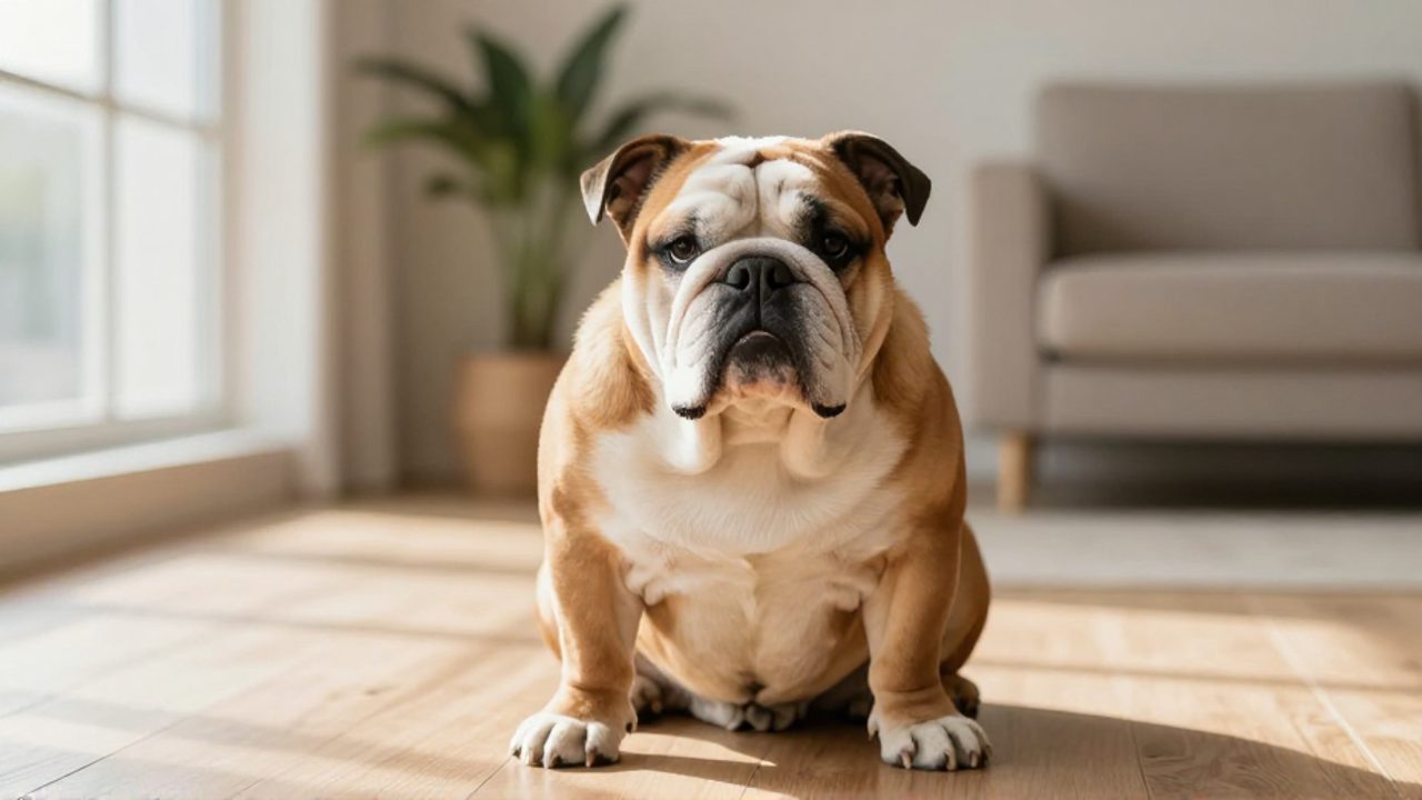 Un bulldog inglés de contextura robusta y piel cuidada sentado en el suelo de una sala luminosa.
