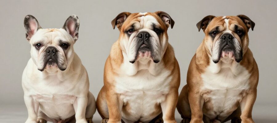 Tres razas de bulldog, un bulldog inglés, un bulldog francés y un bulldog americano, sentados juntos para comparar sus diferencias físicas.