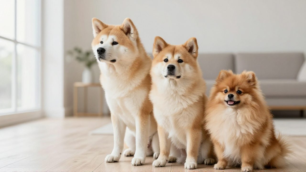 Un Akita Inu de tamaño mediano y un Pomerania pequeño con pelaje espeso sentados juntos en el suelo de una sala luminosa.