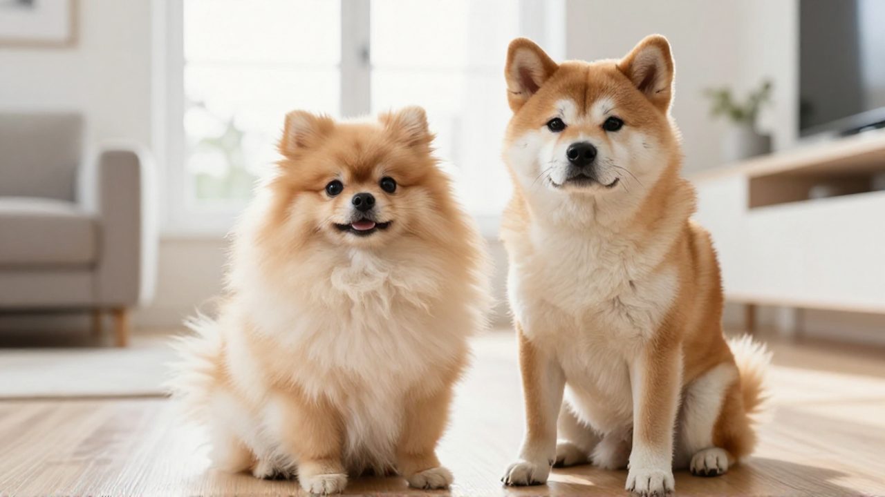 Un pomerania y un akita inu sentados juntos en un salón, mostrando la diferencia de tamaño y la densidad de su pelaje.