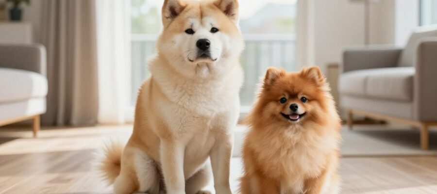 Un Akita Inu de pelaje crema y un Pomerania naranja sentados juntos en el suelo de una sala luminosa.