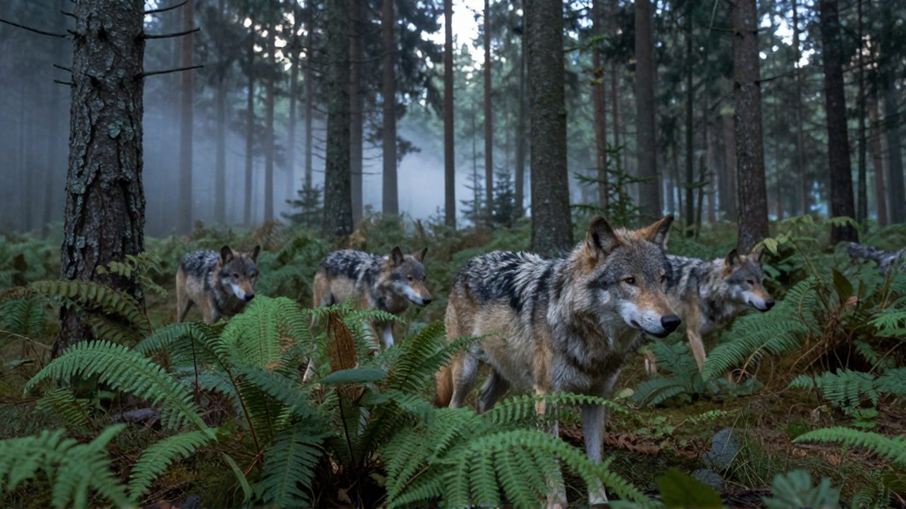 Un grupo de lobos grises se desplaza sigilosamente entre helechos y pinos en un bosque neblinoso durante una caza coordinada.