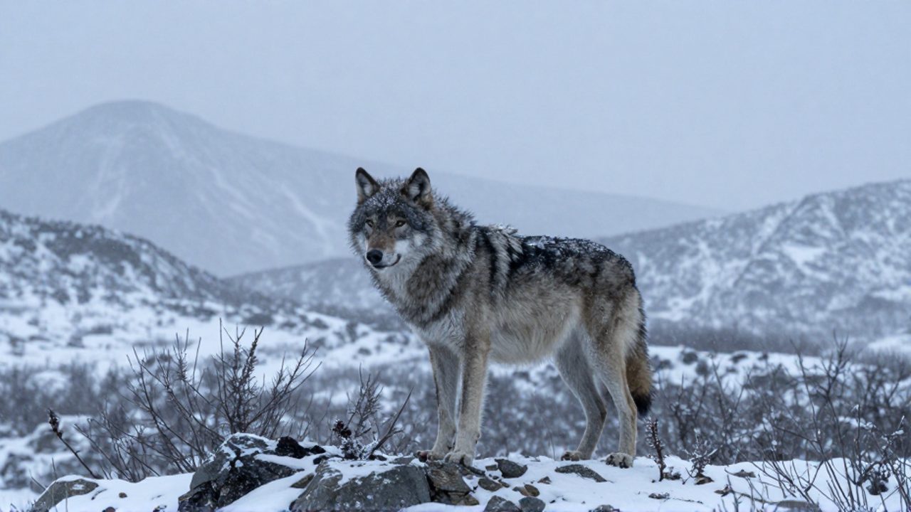 Un lobo gris solitario observa el horizonte sobre una cresta rocosa en un paisaje de tundra cubierto de nieve durante una tormenta invernal.
