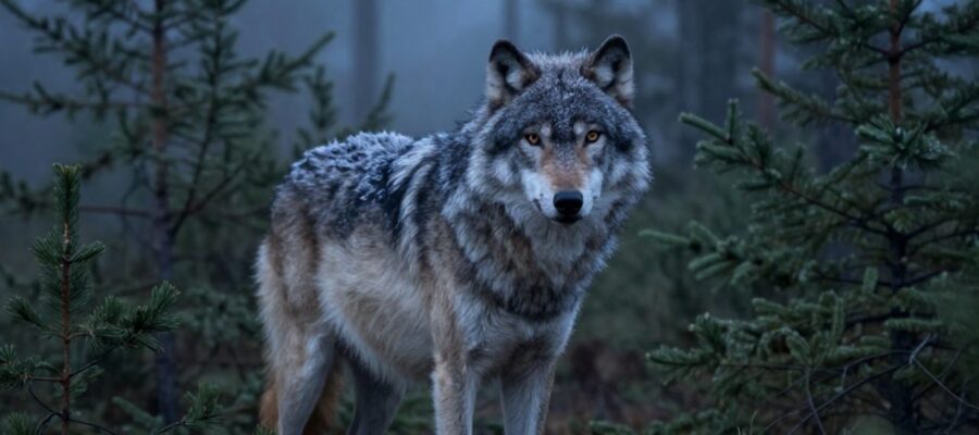 Un lobo gris con pelaje cubierto de escarcha observa atentamente entre la niebla de un bosque de pinos.