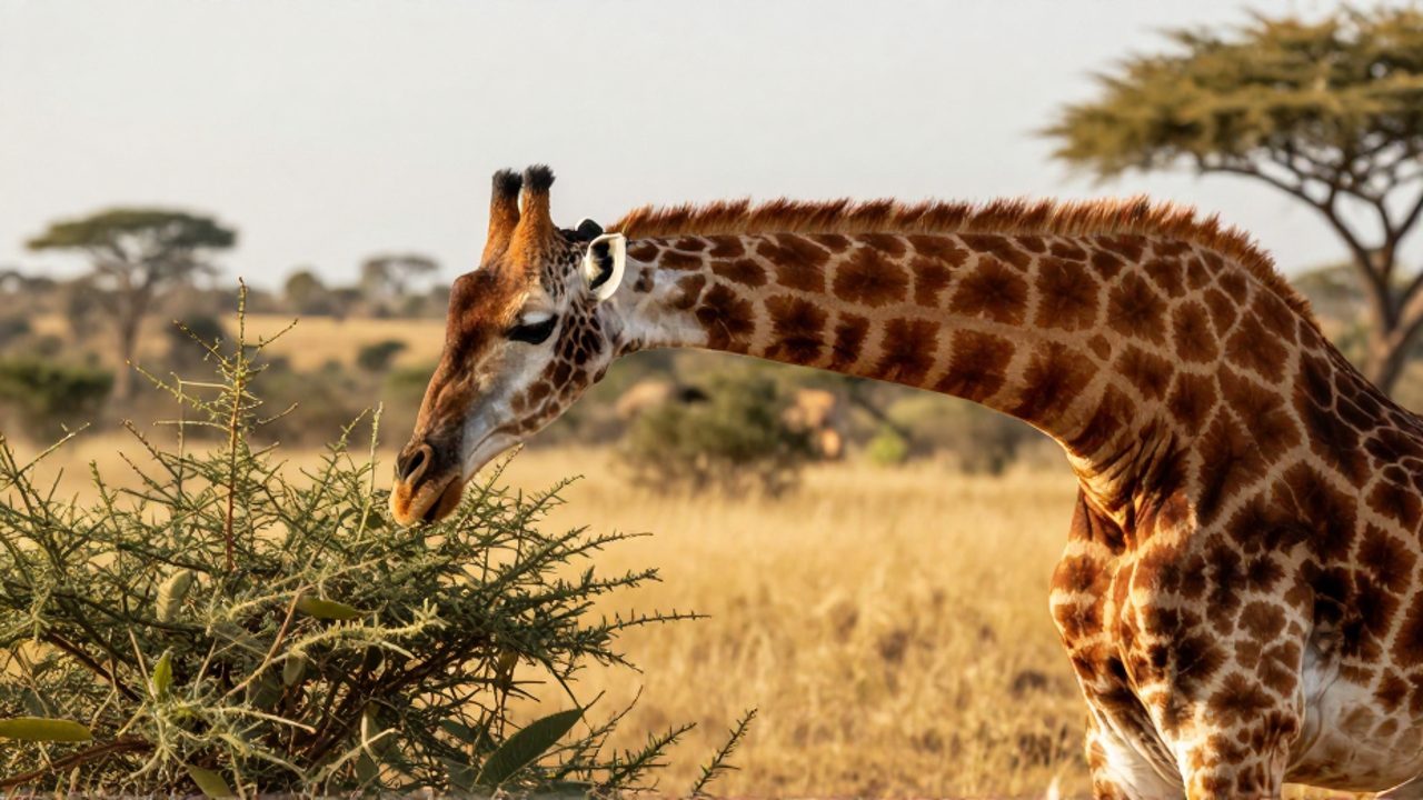 Jirafa del norte con pelaje rojizo y patrones geométricos marcados alimentándose de ramas de acacia en la sabana africana.