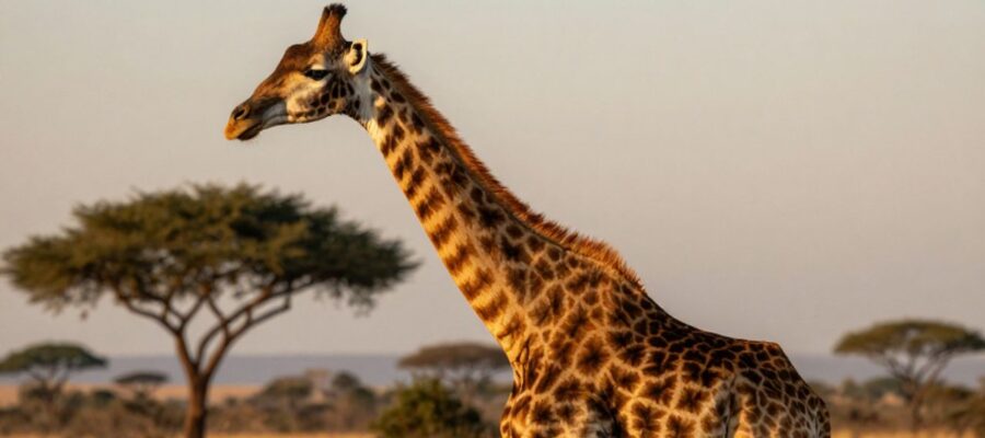 Una jirafa de Masai destaca por sus manchas oscuras y dentadas mientras se encuentra en la sabana africana durante el atardecer.
