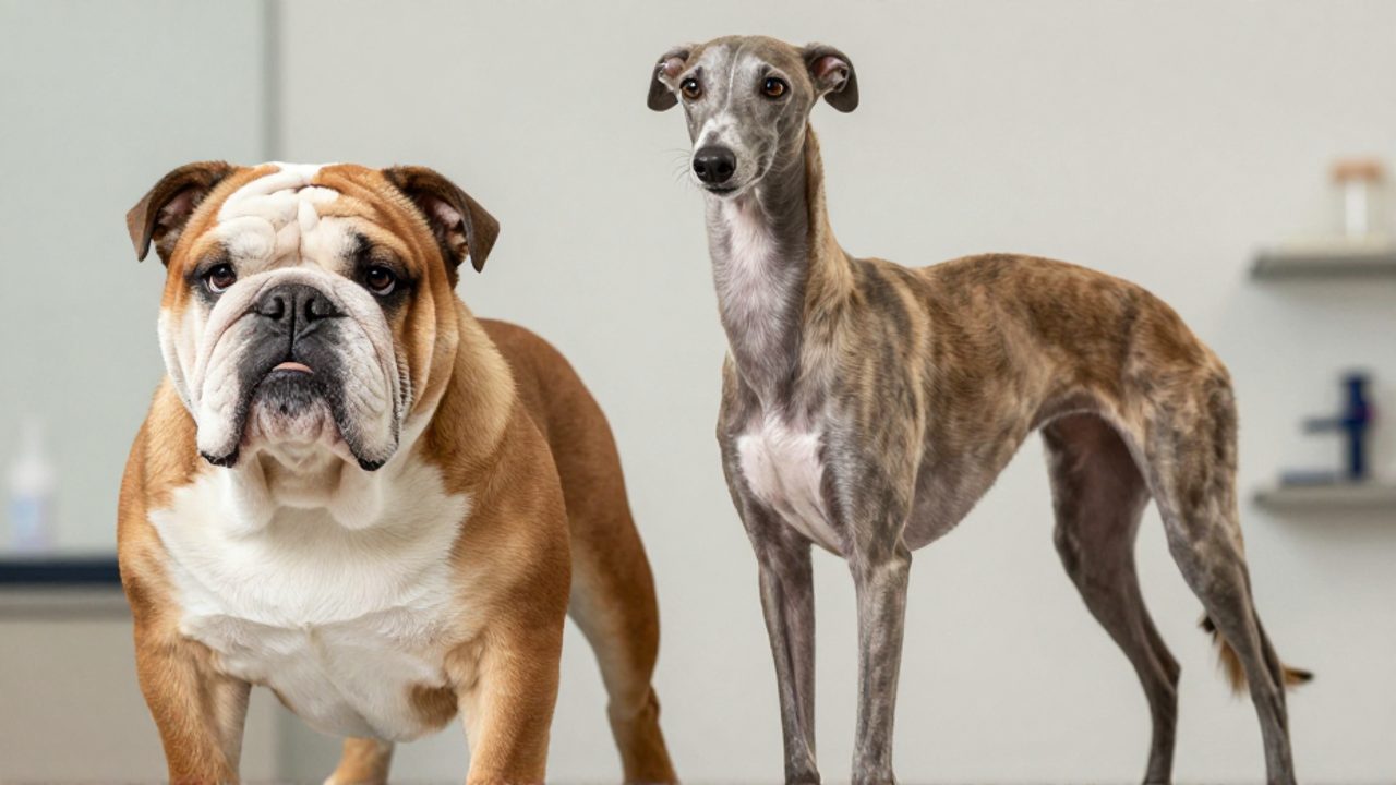 Un Bulldog Inglés de complexión robusta y arrugas marcadas junto a un Galgo de silueta esbelta y atlética para contrastar sus diferencias físicas.