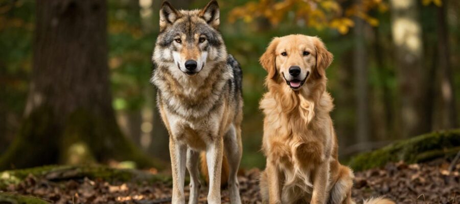 Un lobo gris y un perro Golden Retriever sentados lado a lado en un bosque con luz natural.