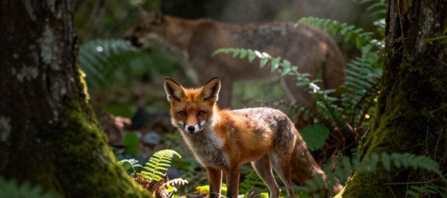 Un zorro rojo alerta observa con tensión mientras la silueta de un depredador se mueve al fondo en un denso bosque.