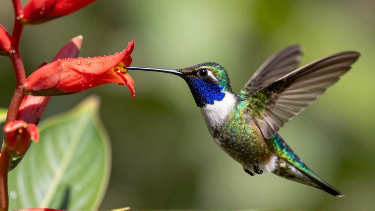 Colibrí de plumaje iridiscente extendiendo su lengua bifurcada para beber néctar de una flor roja en un jardín tropical.