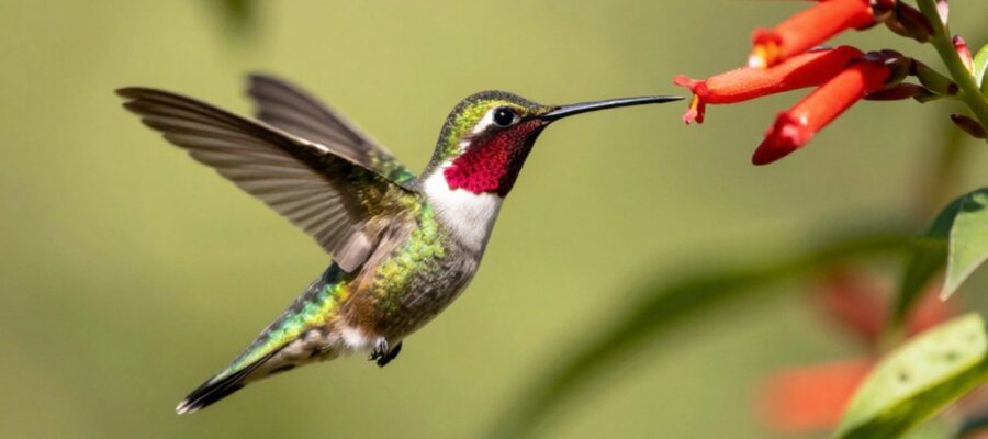 Colibrí de plumaje brillante revoloteando frente a una flor roja en un jardín soleado.