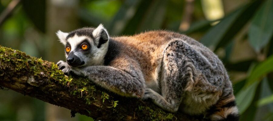 Primer plano de un lémur de cola anillada descansando sobre una rama con musgo en una selva tropical.