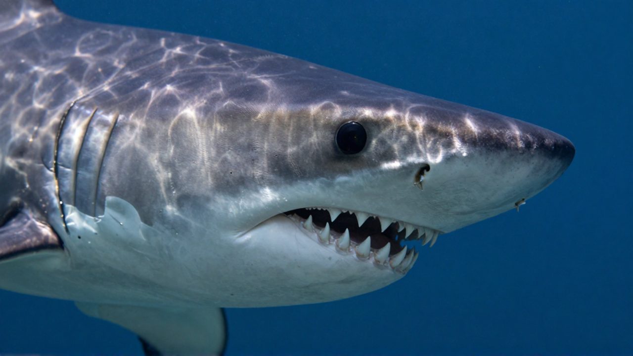 Primer plano de la boca y el hocico de un tiburón, mostrando sus dientes serrados y los poros sensoriales de su piel para la detección de presas.