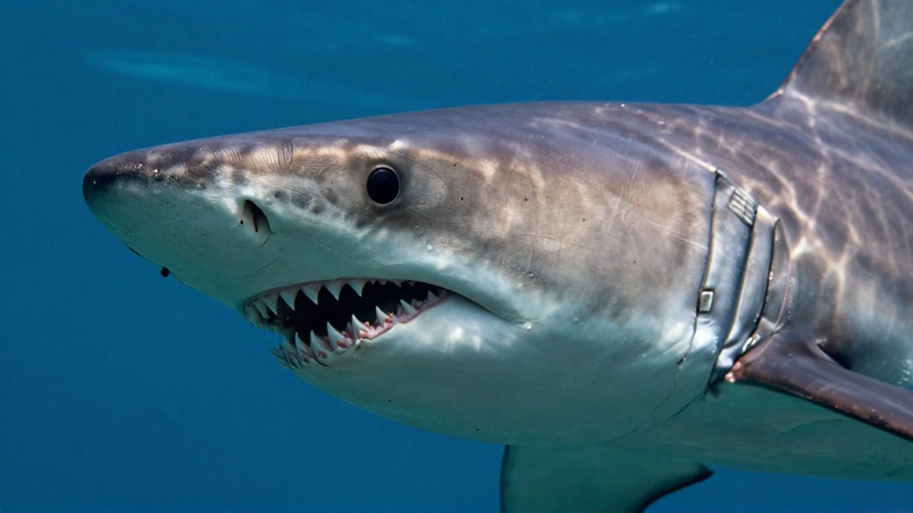 Primer plano de la dentadura serrada y los poros sensoriales en el hocico de un tiburón bajo el agua.
