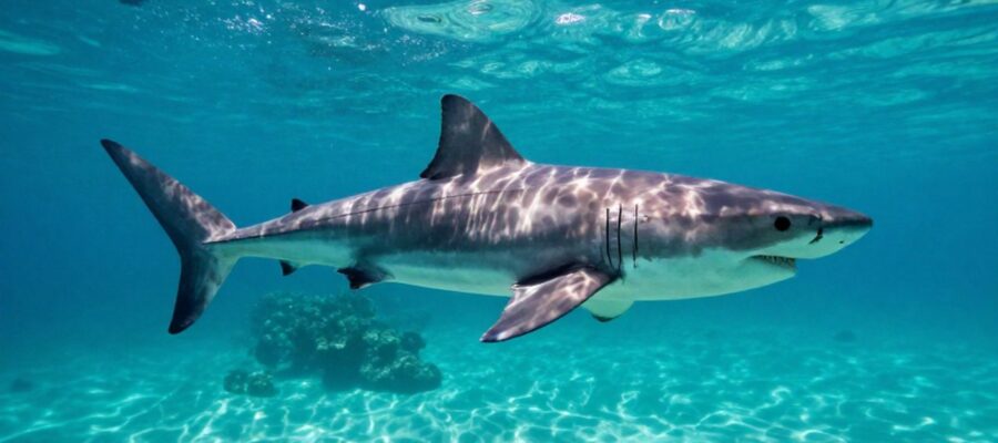 Gran tiburón blanco nadando de perfil en aguas cristalinas iluminadas por rayos de sol que atraviesan la superficie.