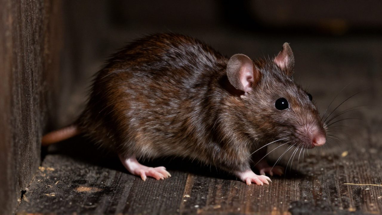 Primer plano de una rata marrón con cuerpo robusto y cola gruesa sobre una superficie de madera en un rincón oscuro.