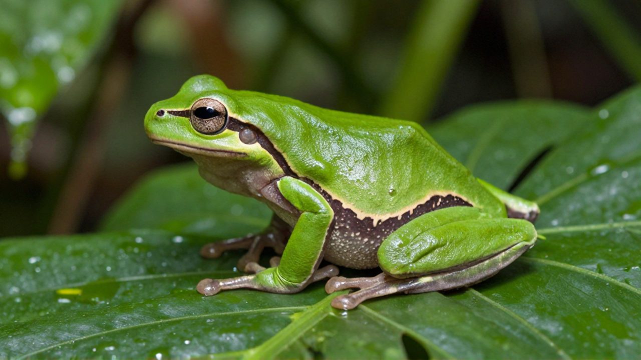 Rana de árbol verde de piel brillante posada sobre una hoja tropical en un entorno de selva húmeda.