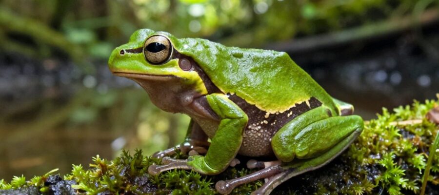 Una rana arborícola de color verde brillante posada sobre una rama con musgo en un entorno de selva tropical húmeda.