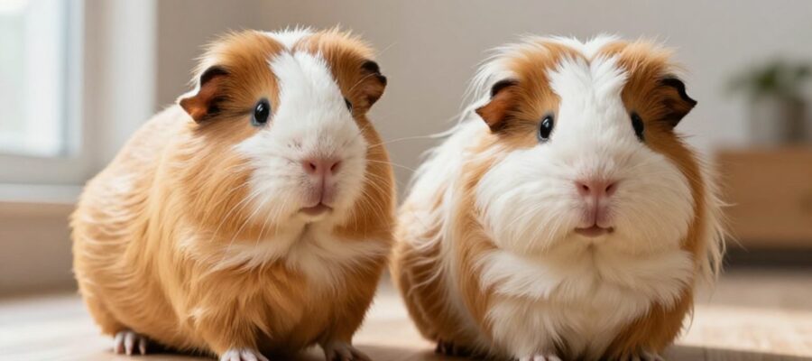 Dos cuyes de diferentes razas comparan sus características: uno de pelo corto y cuerpo robusto para producción y otro de pelo largo y sedoso como mascota.
