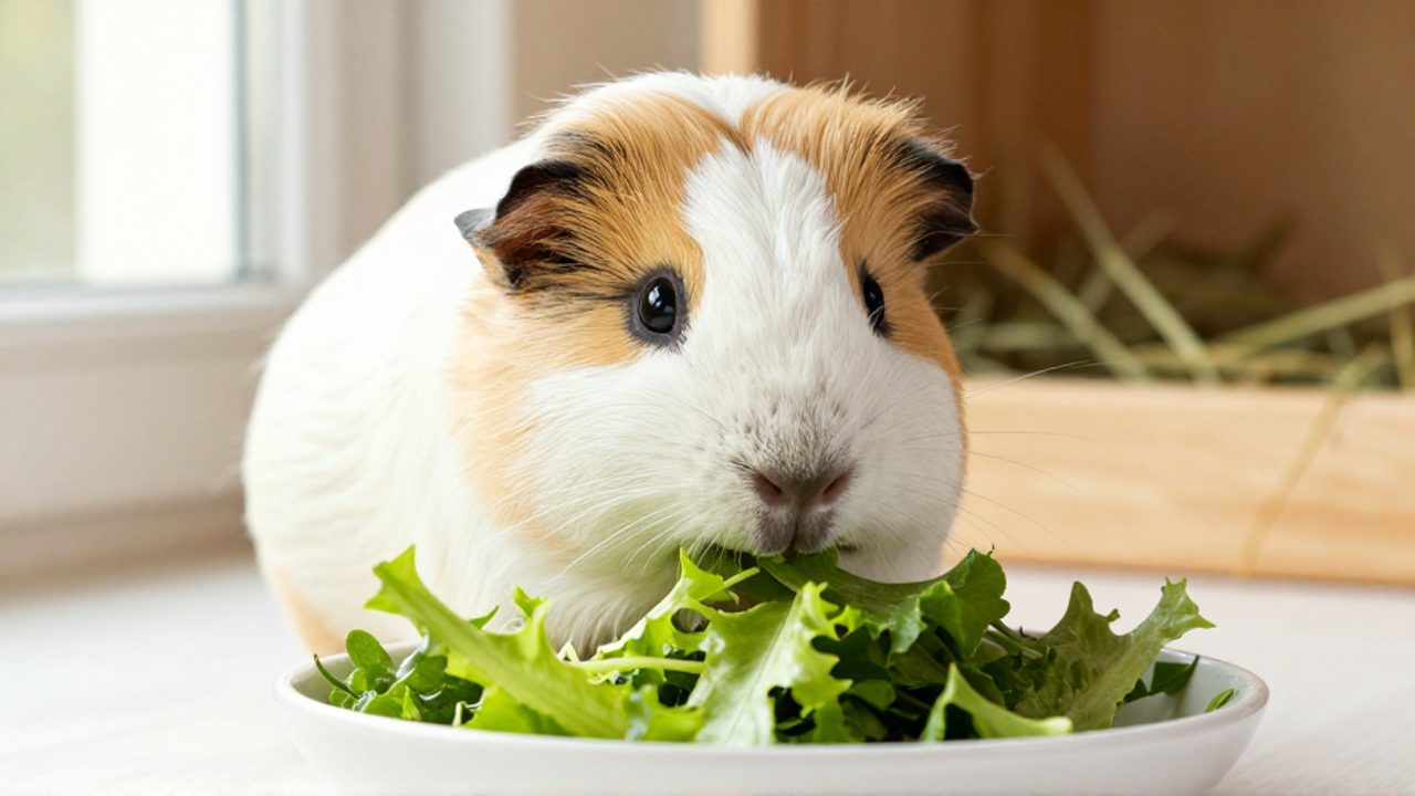 Una cobaya himalaya con manchas oscuras en nariz y orejas come vegetales verdes de un cuenco de cerámica en su hábitat.