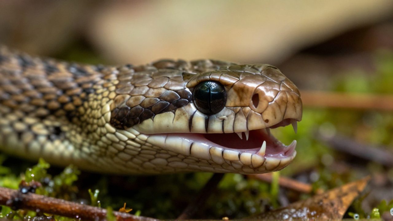 Primer plano de la cabeza de una culebra con la boca entreabierta para mostrar su dentición sin colmillos sobre un suelo de bosque con musgo.