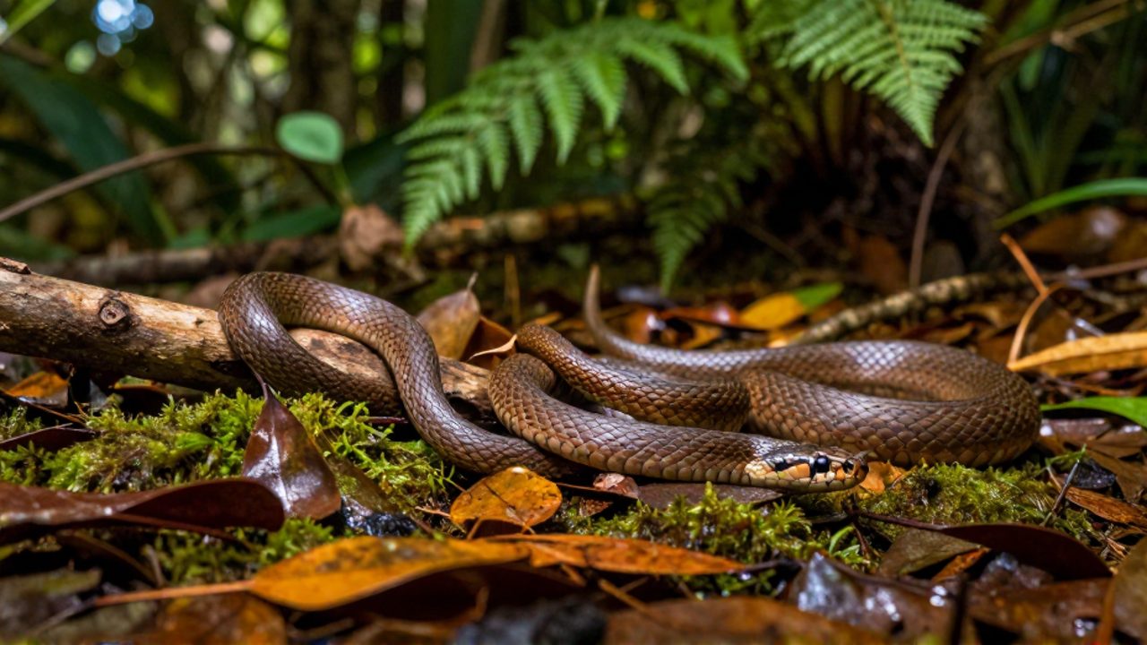 Una culebra se desliza sobre una rama caída en un suelo de bosque cubierto de musgo y hojas secas.