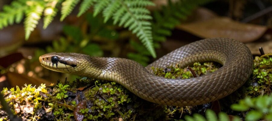 Culebra de escamas lisas deslizándose sobre una rama con musgo en un entorno de bosque húmedo.