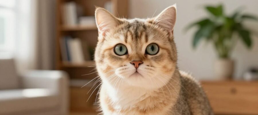 Gato doméstico con mirada atenta y curiosa en un salón acogedor iluminado por el sol.