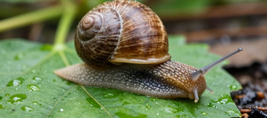 Caracol de jardín alimentándose de una hoja verde húmeda en un entorno natural.