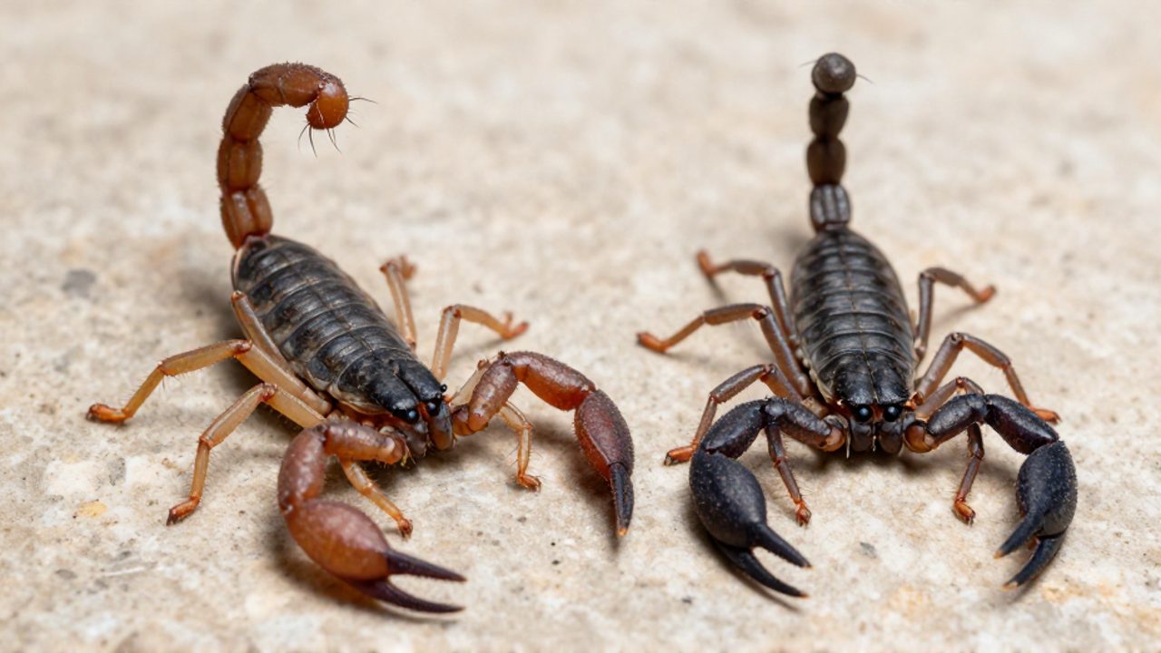 Dos especies de alacranes comparadas lado a lado sobre una piedra, mostrando la diferencia entre un ejemplar de pinzas delgadas y cola gruesa frente a uno de pinzas robustas y cola fina.