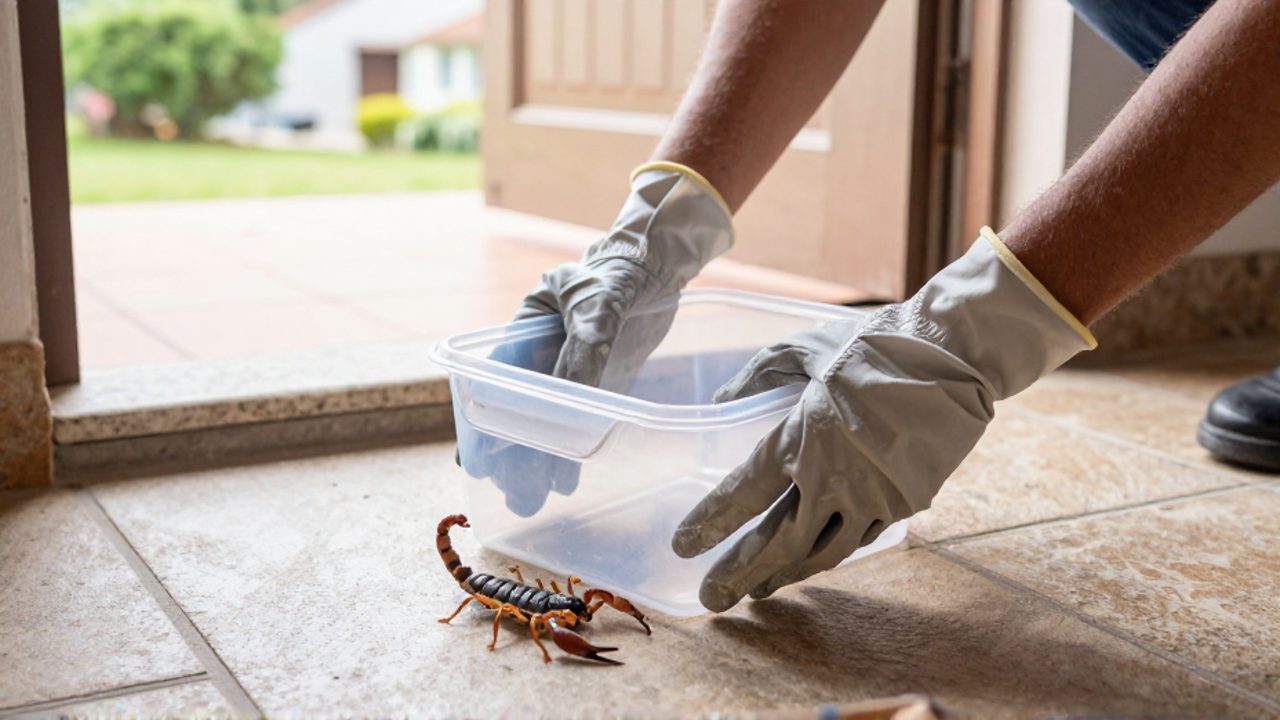 Manos con guantes de protección colocan un recipiente plástico sobre un alacrán en el umbral de una casa para contenerlo de forma segura.