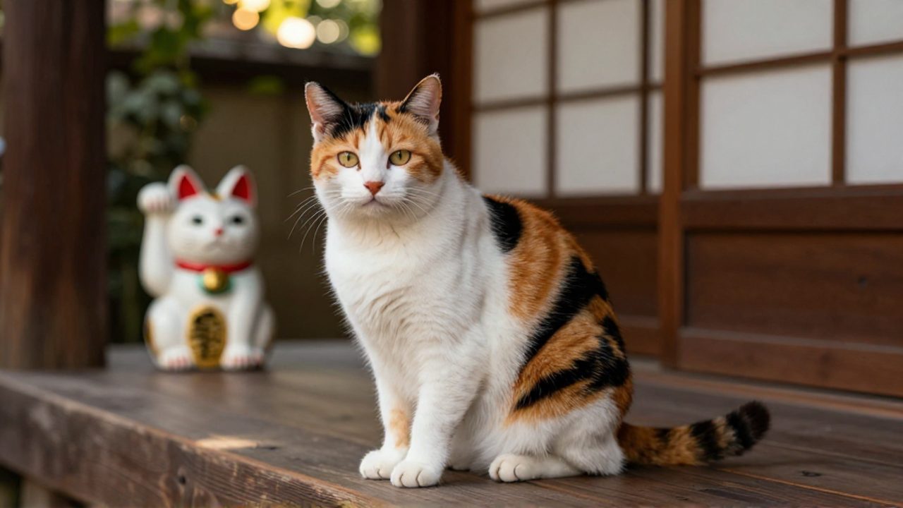 Gato calicó sentado en el porche de madera de una casa japonesa junto a una figura de Maneki-neko.
