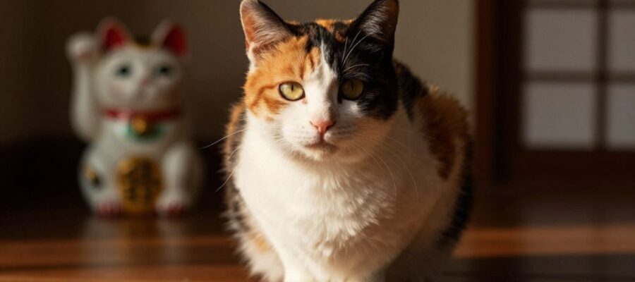 Primer plano de un gato calicó de mirada atenta sentado sobre una superficie de madera junto a una figura de Maneki-neko desenfocada.