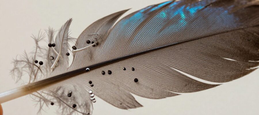 Primer plano macro de la estructura de una pluma, mostrando el detalle de las barbas y los ganchos microscópicos que las mantienen unidas.