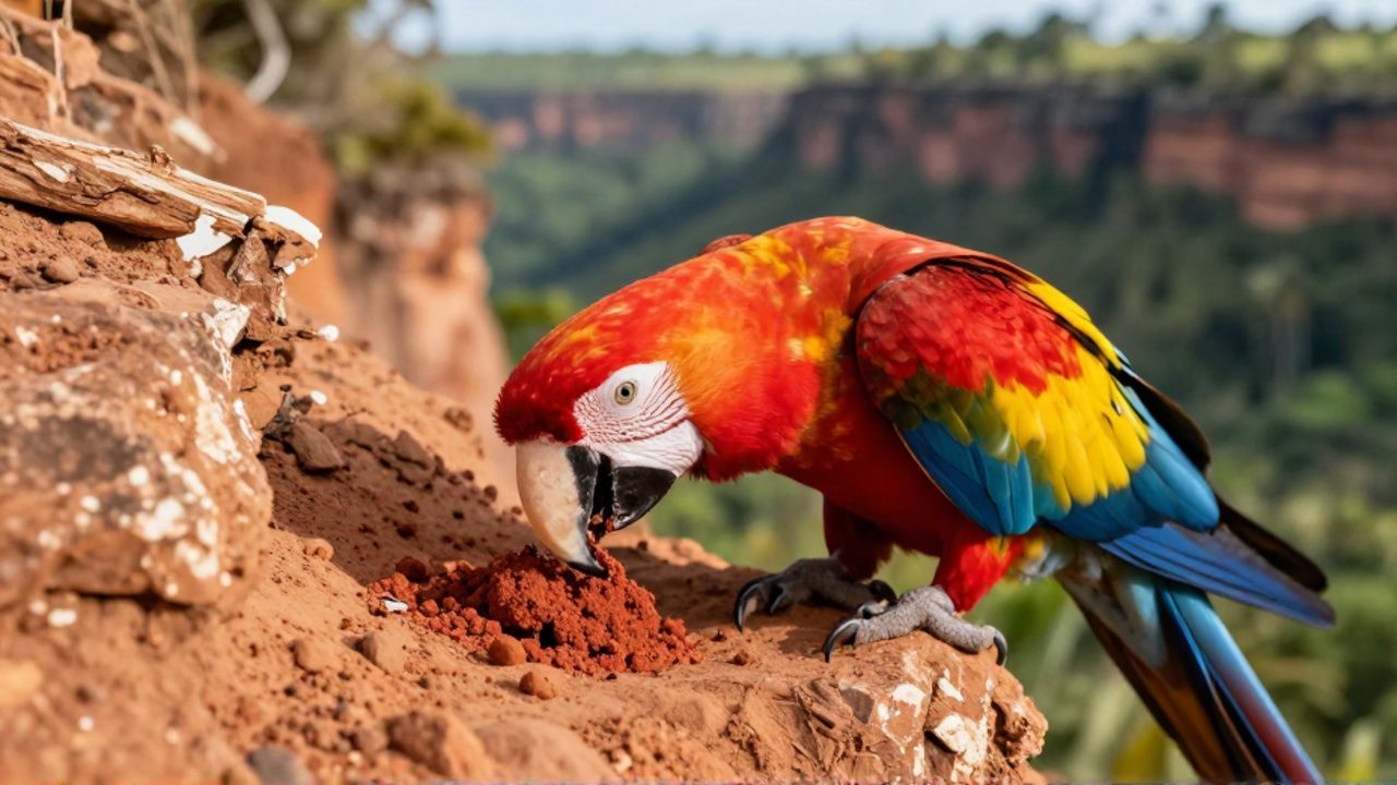 Guacamaya roja con plumaje vibrante consumiendo arcilla de un saliente de tierra en un entorno de cañón tropical.