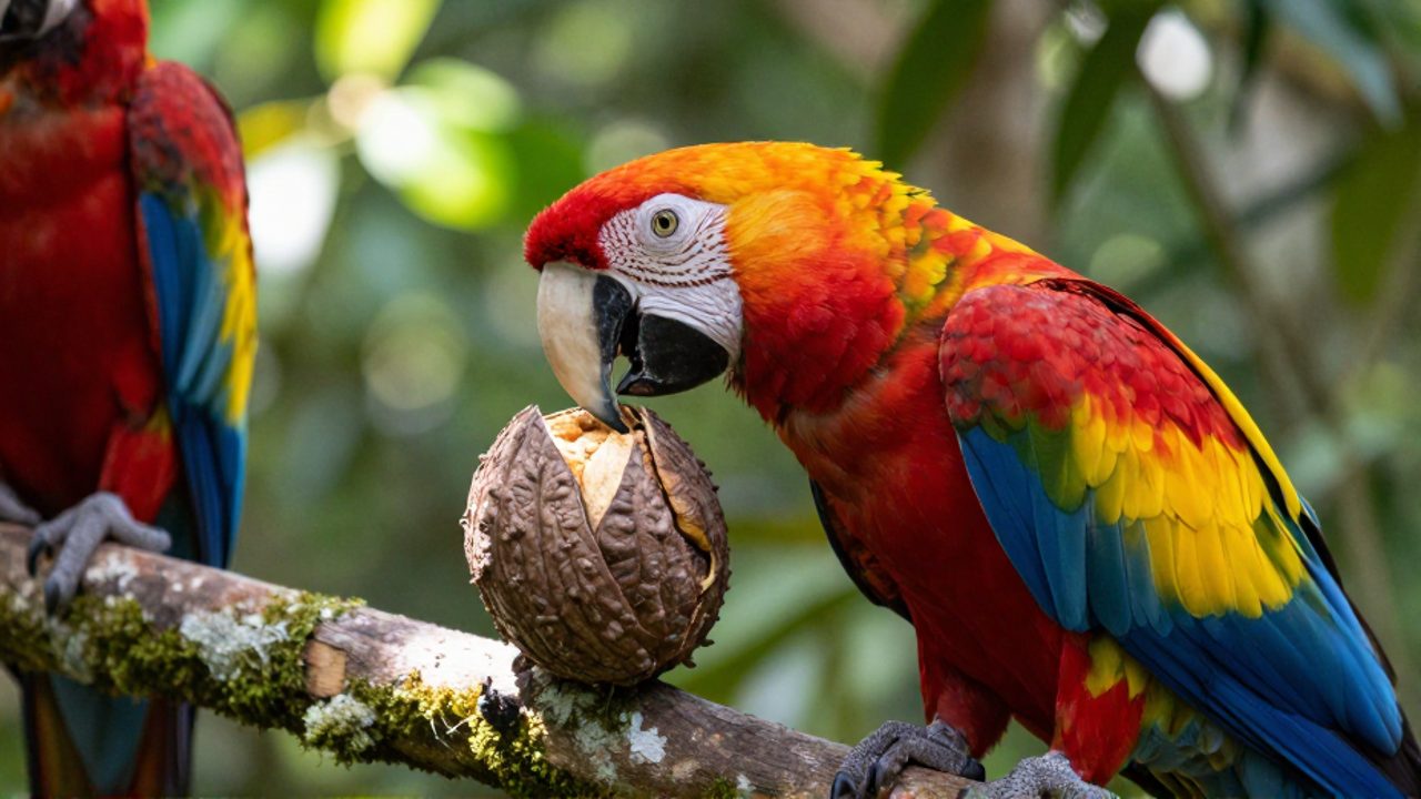 Una guacamaya roja abre una nuez con su pico mientras se encuentra en la selva junto a otra guacamaya.