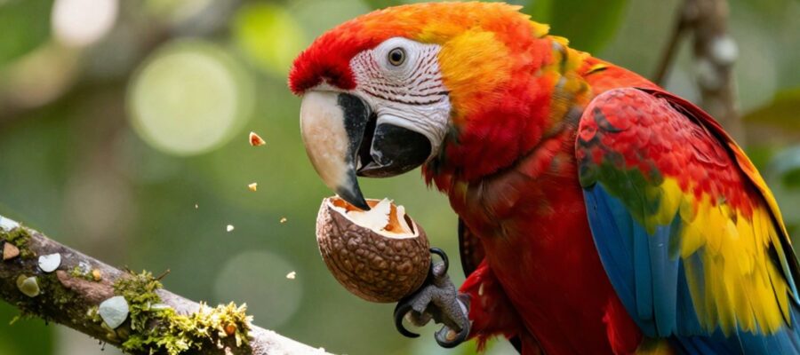 Una guacamaya roja utiliza su pico para romper una nuez tropical mientras está posada en una rama de la selva.