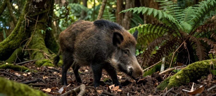 Un jabalí busca alimento entre la hojarasca y las raíces de un bosque denso y húmedo.