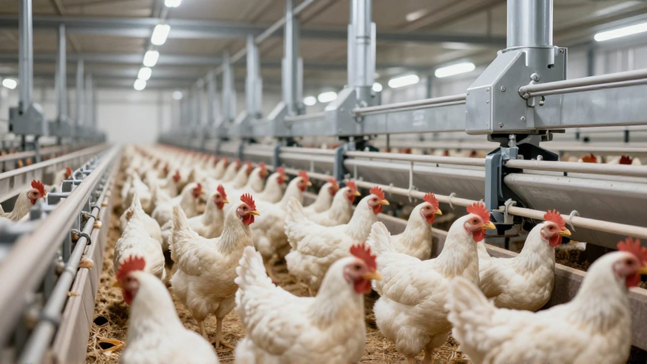 Pollos de engorde en un galpón industrial equipado con sistemas automatizados de alimentación y ventilación.