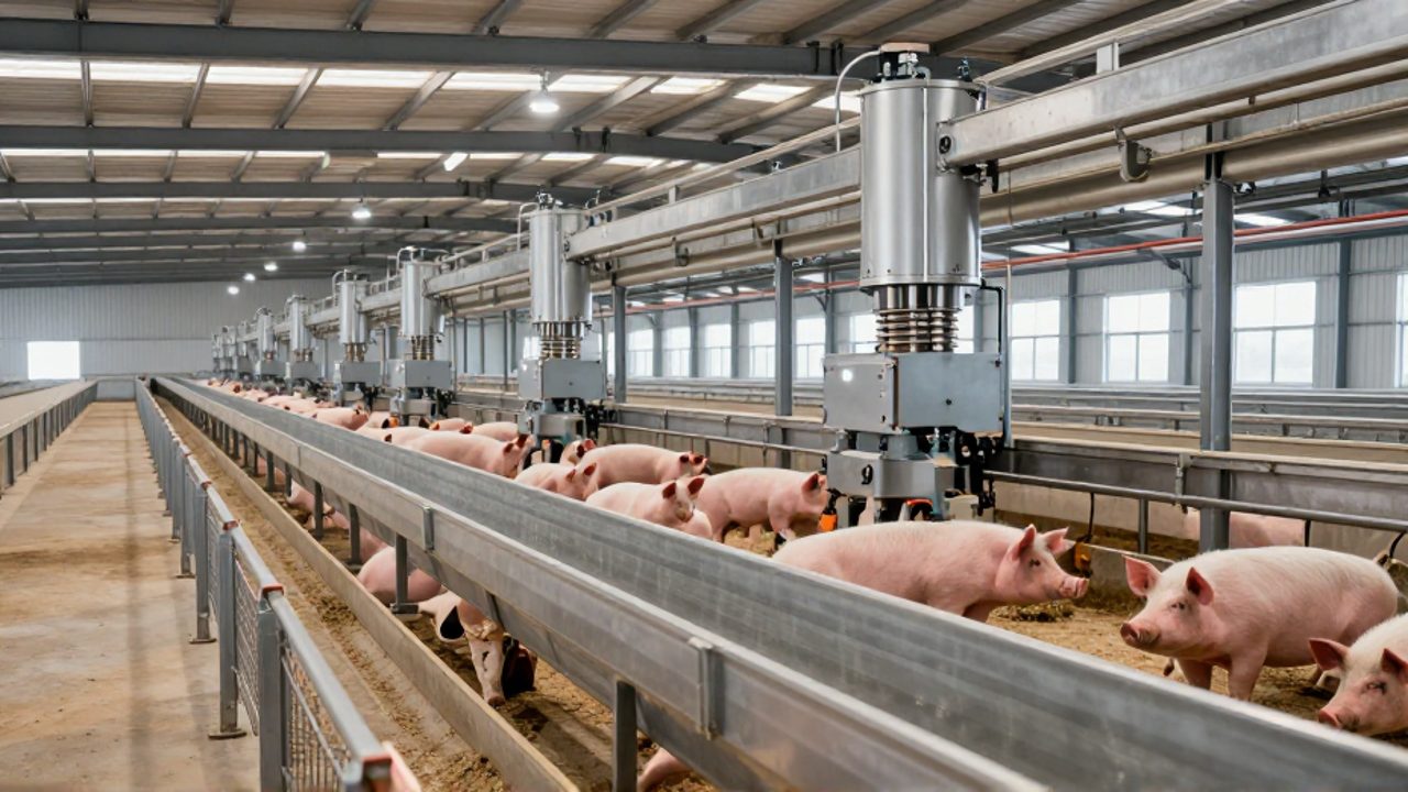 Instalación industrial moderna con sistemas automatizados de alimentación y ventilación para la cría de animales en un entorno controlado.