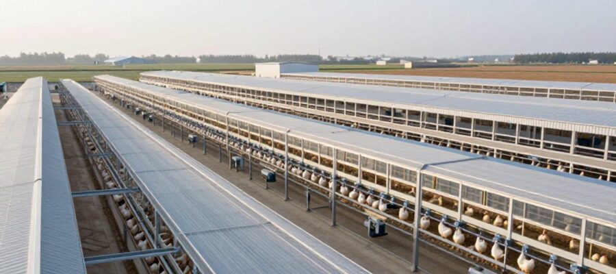 Instalaciones industriales de gran escala con naves tecnológicas para la cría de pollos en entornos controlados.