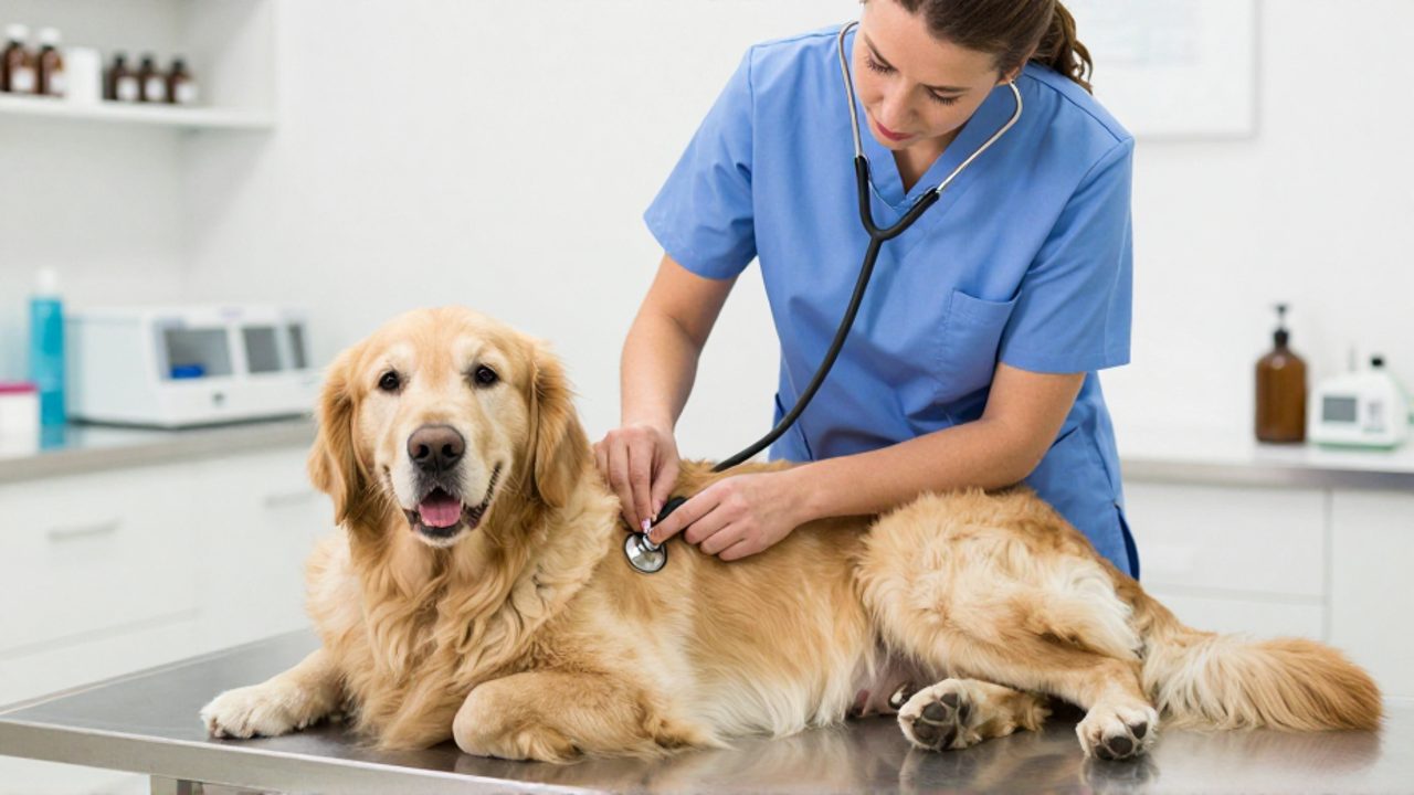 Un veterinario con uniforme azul realiza un examen físico con un estetoscopio a un perro Golden Retriever sobre una mesa de acero inoxidable en una clínica.