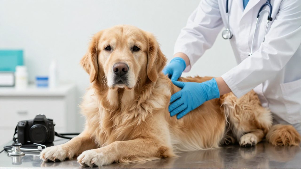 Veterinario con guantes azules realizando un examen clínico a un perro Golden Retriever sobre una mesa de acero inoxidable.
