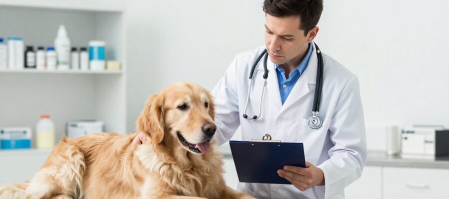 Veterinario con bata blanca y estetoscopio examina con atención a un perro Golden Retriever sobre una mesa médica en una clínica.