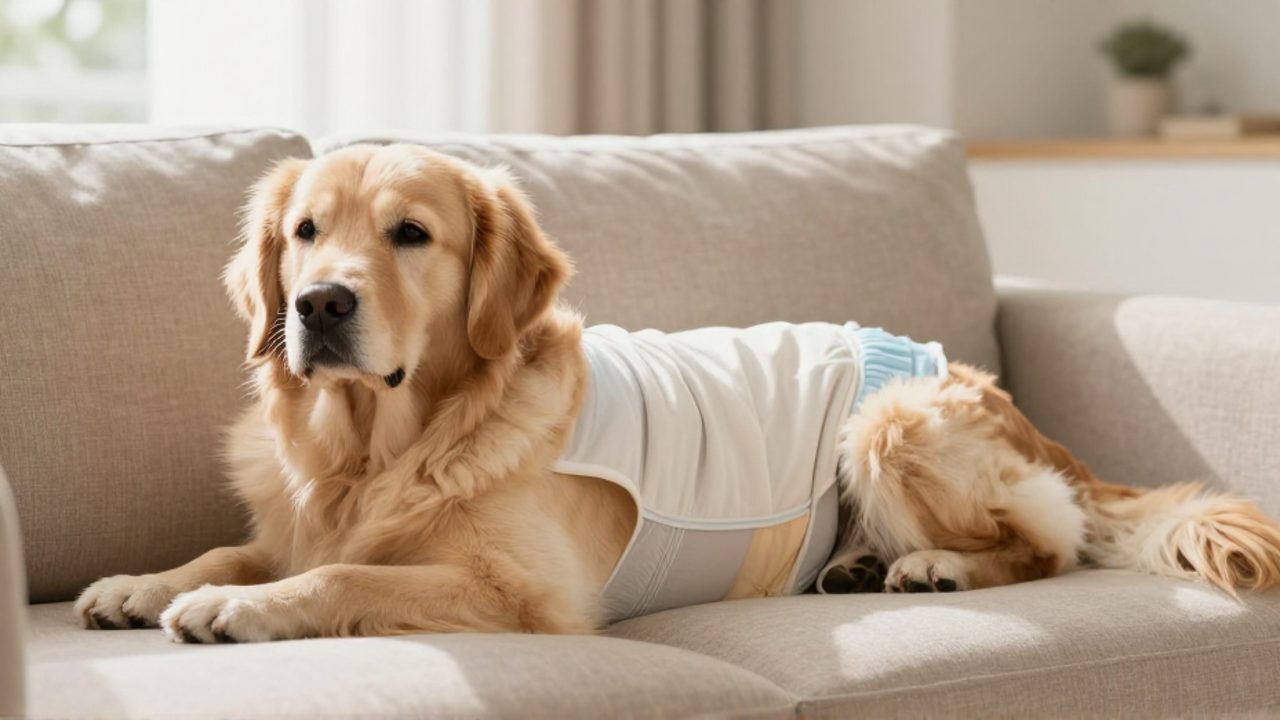 Perra Golden Retriever descansando en un sofá mientras utiliza un pañal higiénico para mascotas.