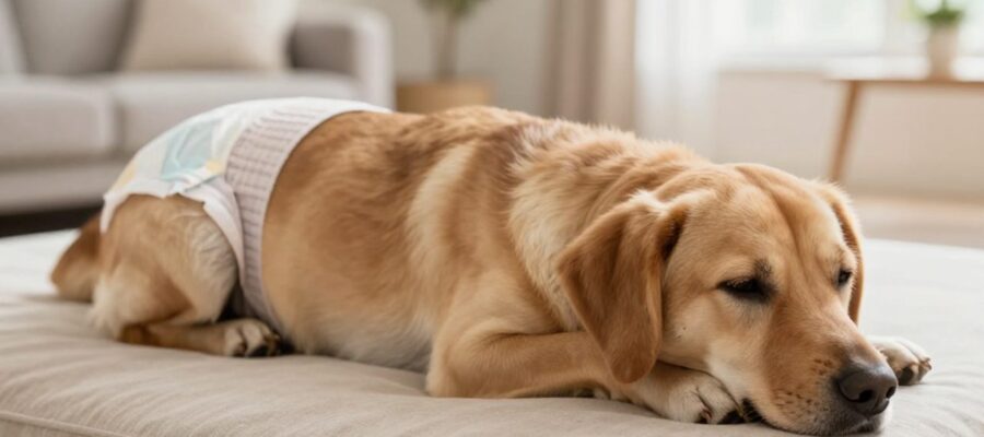 Perra de tamaño mediano descansando cómodamente en un entorno hogareño mientras utiliza un pañal higiénico para mascotas.