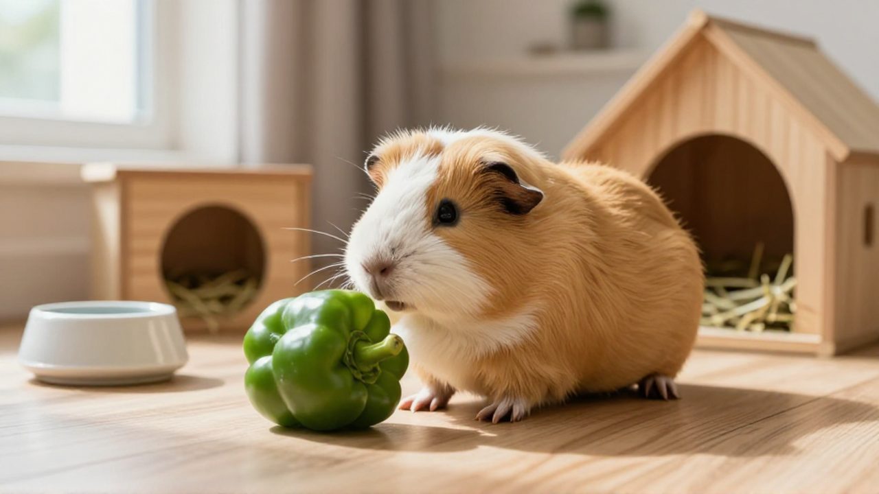 Una cobaya Teddy de color beige y blanco olisquea un trozo de pimiento verde en un hábitat interior con heno y refugios de madera.