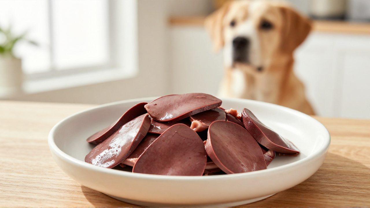 Pequeñas porciones de hígado de pollo cocido en un cuenco de cerámica frente a un perro que espera pacientemente.